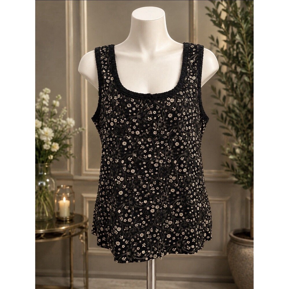 Gitano Women’s Floral Tank Top Size L Black Ivory Stretch 32” Bust